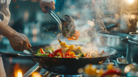 A chef tossing stir-fry vegetables in a wok over high heat, showcasing culinary expertiseの素材