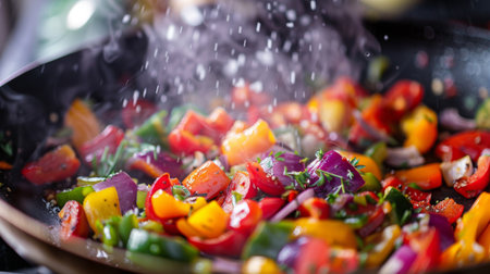 A close-up of colorful vegetables being in a frying pan, releasing mouth-watering aromasの素材