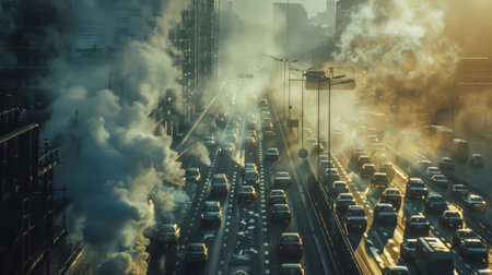 A gridlocked highway with vehicles emitting exhaust fumes, contributing to air pollution and the greenhouse effectの素材
