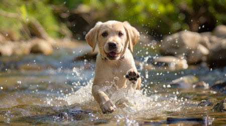 A happy labrador retriever puppy splashing in a shallow stream, enjoying a sunny day outdoorsの素材