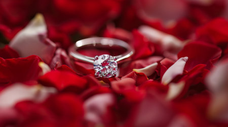 A diamond engagement ring nestled in a bed of rose petals, symbolizing love and commitmentの素材