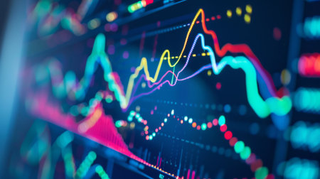 A close-up of a computer screen showing a stock market graph with fluctuating lines and data pointsの素材