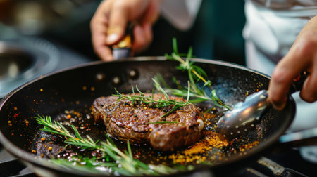A chef seasoning a skillet steak with herbs and spices, ready to be seared to perfectionの素材