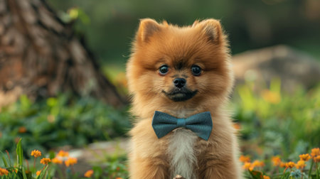 A fluffy Pomeranian puppy wearing a bow tie, sitting obediently and looking adorableの素材