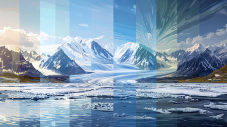 A composite image showing the progression of melting glaciers over time, a visual representation of the effects of global warmingの素材