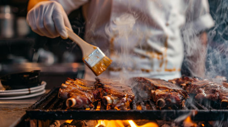 A chef brushing marinade onto pork neck slices on a grill, with smoke billowing and aromas filling the airの素材
