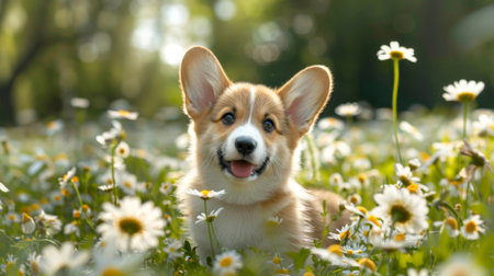 A fluffy Corgi puppy sitting obediently in a field of daisies, ears perked up and tongue lollingの素材