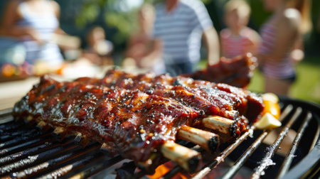 A family enjoying a backyard barbecue with pork spare ribs as the main dish, surrounded by friends and laughterの素材