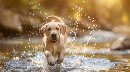 A happy labrador retriever puppy splashing in a shallow stream, enjoying a sunny day outdoorsの素材