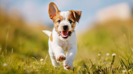 A happy Jack Russell terrier puppy running through a meadow, ears flopping in the breezeの素材