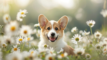 A fluffy Corgi puppy sitting obediently in a field of daisies, ears perked up and tongue lollingの素材