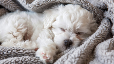 A contented bichon frise puppy curled up in a soft blanket, eyes closed in peaceful sleepの素材