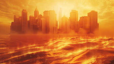 A heatwave-stricken city skyline with shimmering waves of heat rising from the pavement, illustrating extreme weather events linked to global warmingの素材