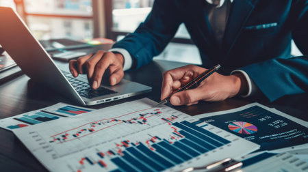A financial planner reviewing stock market performance with a client while pointing to a stock market graph on a paper reportの素材
