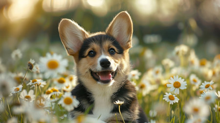 A fluffy Corgi puppy sitting obediently in a field of daisies, ears perked up and tongue lollingの素材