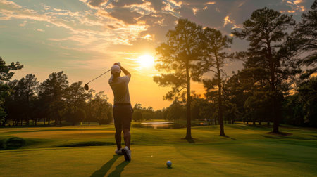 A golfer teeing off at sunrise, the club connecting with the ball in a burst of motionの素材