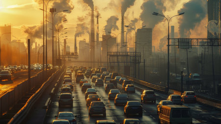A gridlocked highway with vehicles emitting exhaust fumes, contributing to air pollution and the greenhouse effectの素材