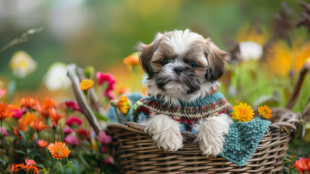 A cute Shih Tzu puppy wearing a sweater, sitting in a basket surrounded by colorful flowersの素材