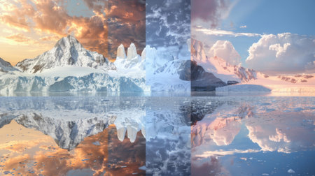 A composite image showing the progression of melting glaciers over time, a visual representation of the effects of global warmingの素材