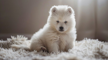 A fluffy Samoyed puppy sitting on a fluffy rug, with a mischievous glint in its eyesの素材