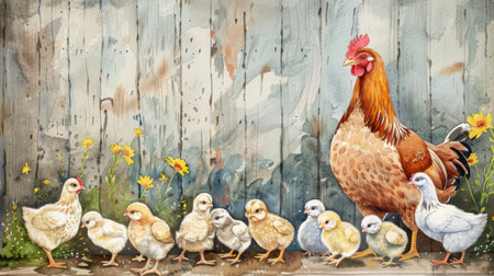 A hen proudly showing off her brood of newly hatched chicks to the other farm animalsの素材