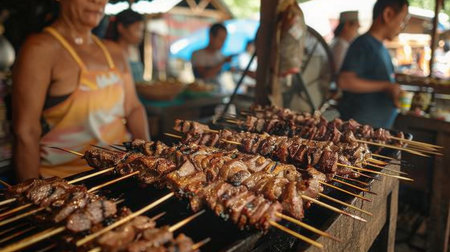 A traditional Thai market stall selling grilled pork neck skewers, with customers browsing and making purchasesの素材
