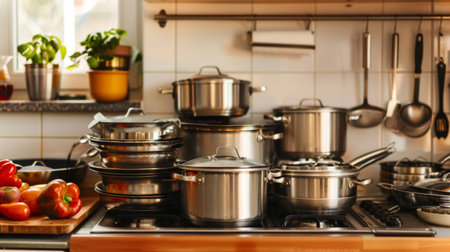 A kitchen counter with a variety of pots and pans stacked neatly, showcasing culinary organizationの素材