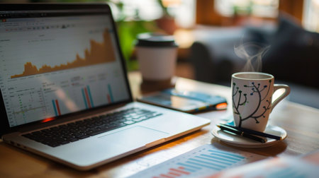 A person studying stock market graphs and financial charts in a home office setting with a cup of coffeeの素材