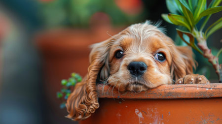 A mischievous cocker spaniel puppy peeking out from behind a flower pot, ready to playの素材
