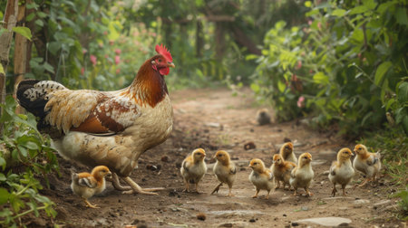 A mother hen calling to her chicks as they follow her closely on a farmyard pathの素材
