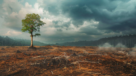 A lone tree standing amidst a deforested landscape, symbolizing the destruction of ecosystems and habitats due to global warmingの素材