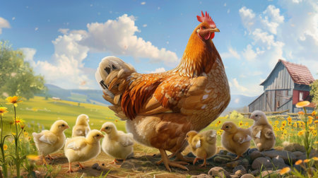 A hen proudly showing off her brood of newly hatched chicks to the other farm animalsの素材