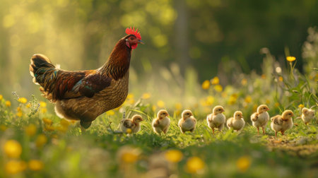 A mother hen leading her chicks on a leisurely stroll through a grassy fieldの素材