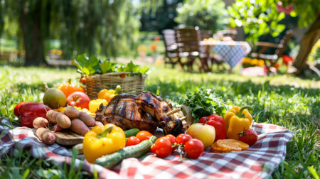 A picnic scene with grilled pork neck, fresh vegetables, and fruits laid out on a checkered blanket in a parkの素材