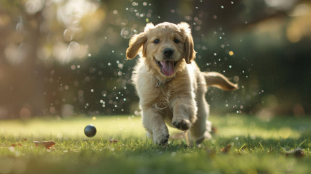 A playful golden retriever puppy chasing a ball in a grassy park, tongue out and tail waggingの素材