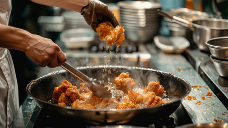 A person frying crispy chicken wings in a deep frying pan, sizzling in hot oilの素材