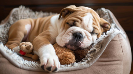A sleepy bulldog puppy dozing off in a comfy dog bed, paw draped over its favorite toyの素材