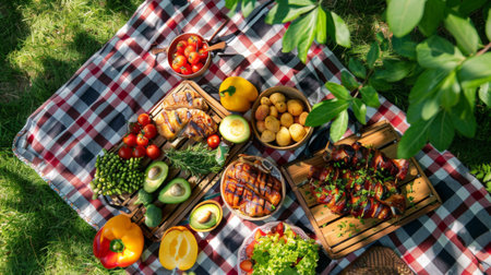 A picnic scene with grilled pork neck, fresh vegetables, and fruits laid out on a checkered blanket in a parkの素材