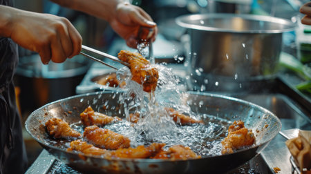 A person frying crispy chicken wings in a deep frying pan, sizzling in hot oilの素材