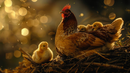 A mother hen roosting with her chicks under her wings as they settle in for the nightの素材