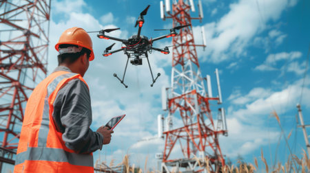 A telecommunications engineer using a drone to inspect a telephone signal tower for maintenanceの素材