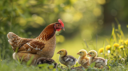 A mother hen keeping a watchful eye on her chicks as they explore their surroundingsの素材