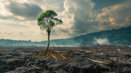 A lone tree standing amidst a deforested landscape, symbolizing the destruction of ecosystems and habitats due to global warmingの素材
