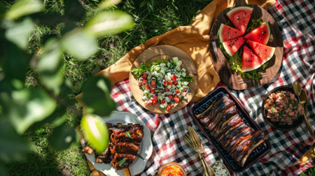 A picnic scene with pork spare ribs, potato salad, and watermelon slices laid out on a checkered blanket in a parkの素材