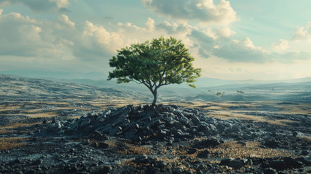 A lone tree standing amidst a deforested landscape, symbolizing the destruction of ecosystems and habitats due to global warmingの素材