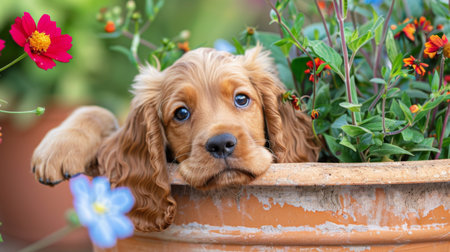 A mischievous cocker spaniel puppy peeking out from behind a flower pot, ready to playの素材