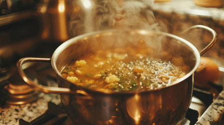 A pot of homemade soup simmering on a stovetop, filling the kitchen with comforting aromasの素材