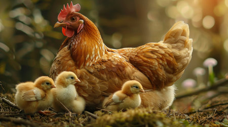 A hen with her newly hatched chicks, proudly showing them off to the worldの素材