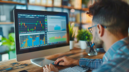 A stock market analyst conducting research and analysis on stock market graphs and charts using a desktop computerの素材
