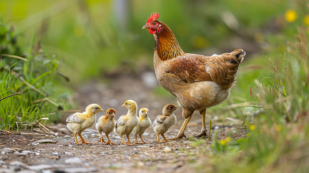A mother hen calling to her chicks as they follow her closely on a farmyard pathの素材